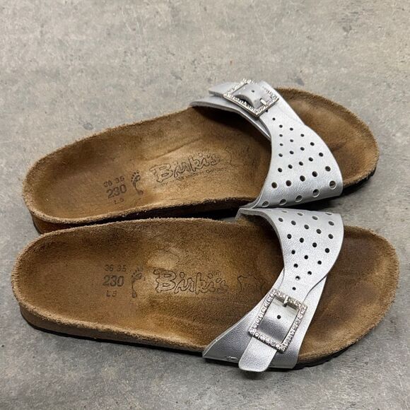 Birkenstock Silver Perforated Slide Sandals - Picture 2 of 5
